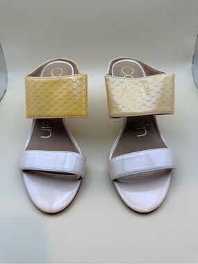 Calvin Klein Women’s Two-Band Slide Sandals in Cream and Pale Yellow
